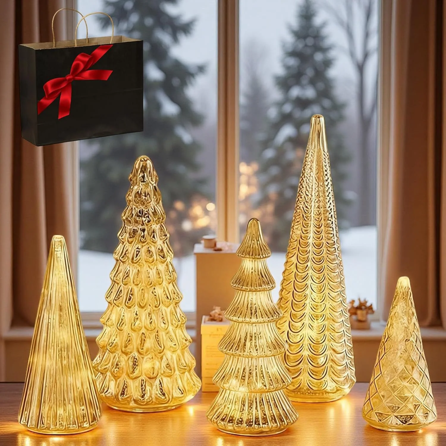 

5pcs/Set Luminous Christmas Tree LED Gold Tree Figurine Ornament Decoration Christmas Trees For Home Party Mantel Decor Xmas Gif