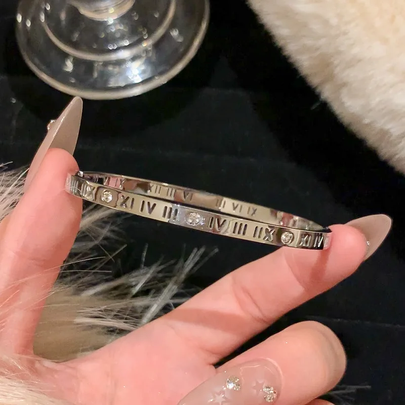 1pc Titanium Steel Silver Bracelet, Fashionable Classic Style, Stainless Steel Bracelet,Inlaid With Zircon,For Womens Daily Wear image 6