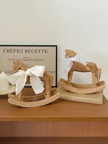 Wooden Horse Creative Hand Carved Wooden Horse With Ribbon Vintage Rustic Series Retro Vibe Style  Desktop Decor Ornament Gift