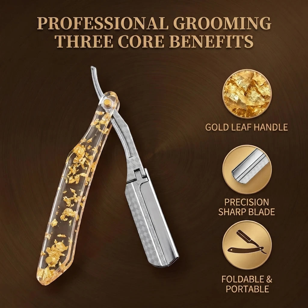 1 Stück Herren-Klappmesser, Barbiermesser mit transparentem Glitzergriff für Bartrasur, Trimming und Pflege – Detail 2