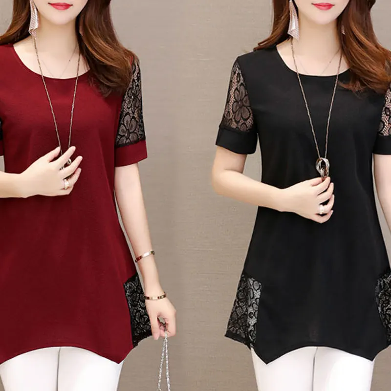 Stylish Lace Patchwork Midi T-shirt Casual Irregular Summer Solid Color Short Sleeve Women\'s Clothing Loose Elegant Pullovers