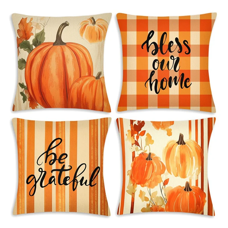 

Pumpkin Plaid Thanksgiving Pillowcase Grateful Bless Own Home Pillowcase 18X18inch For Couch Sofa