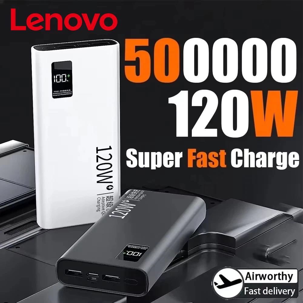 Lenovo 120W Power Bank 50000mAh High Capacity Fast Charging Portable Battery Charger For iPhone Samsung Huawei For Xiaomi NEW