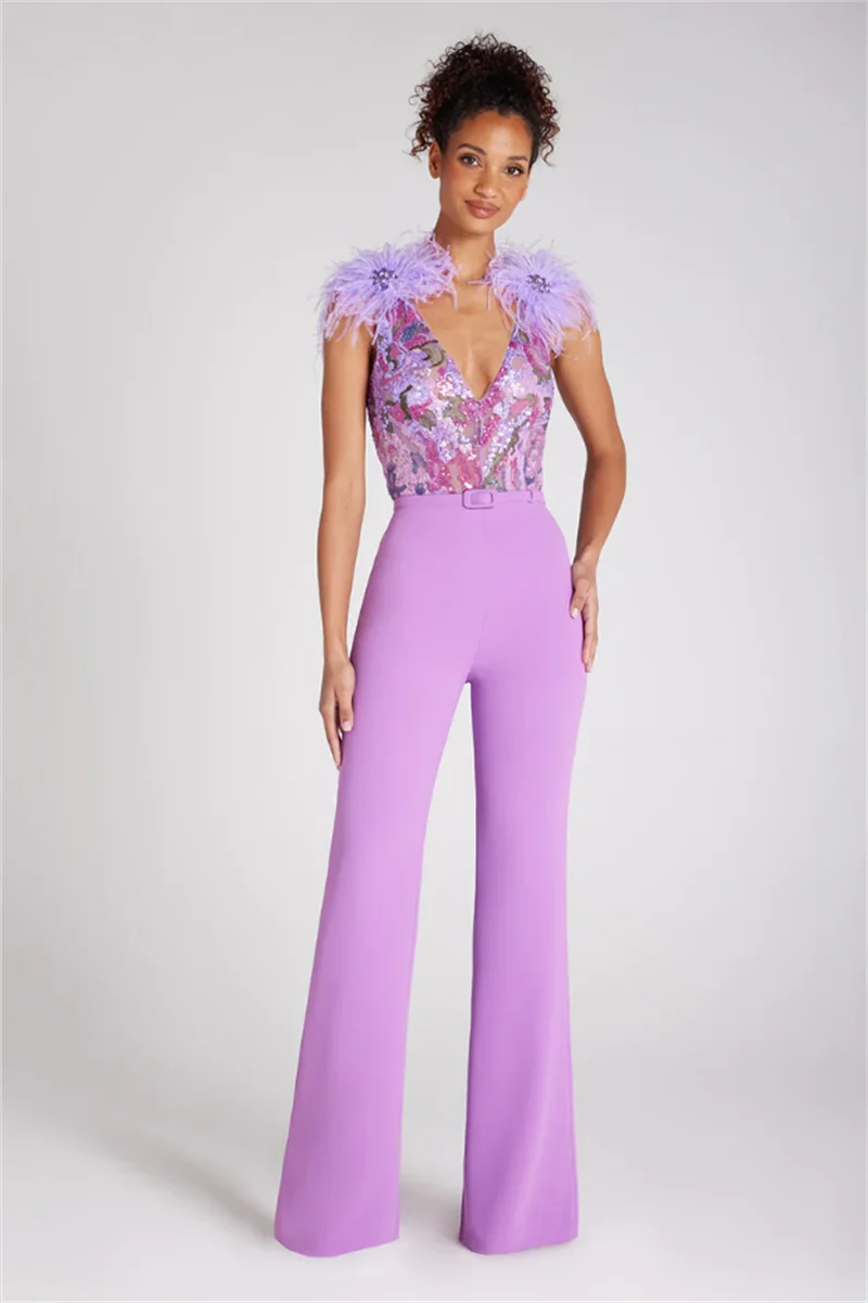 

High Quality Gorgeous Feathers Shining Sequins Sexy V-Neck Sleeveless Violet Jumpsuit Graceful Woman Evening Party Outfit