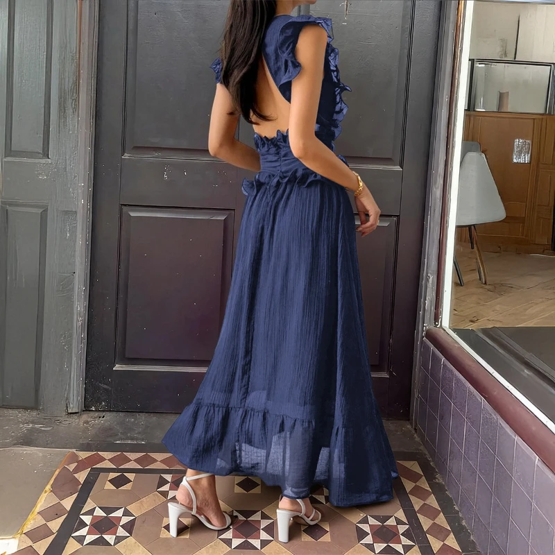Sexy V-neck Backless Women's Summer Evening Party Long Dress Elegant Boho Beach Sundress Sleeveless Ruffled Prom Maxi Dresses