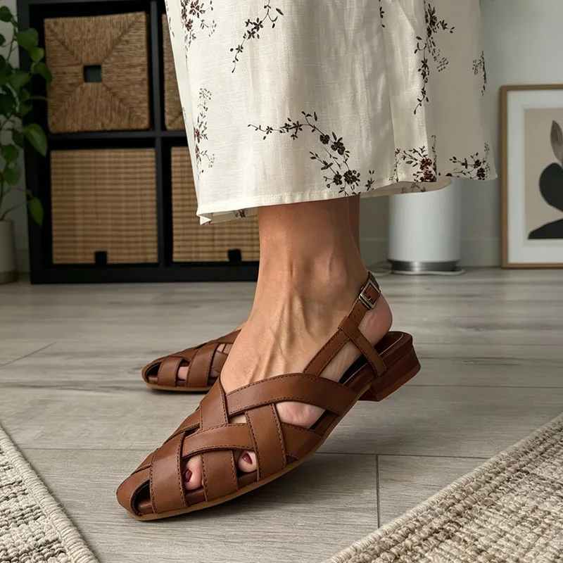 BEAUTODAY Gladiator Sandals Women Cow Leather Cross-tied Cover Pointed Toe Outdoor Flats Summer Ladies Shoes Handmade 33034 - view 2