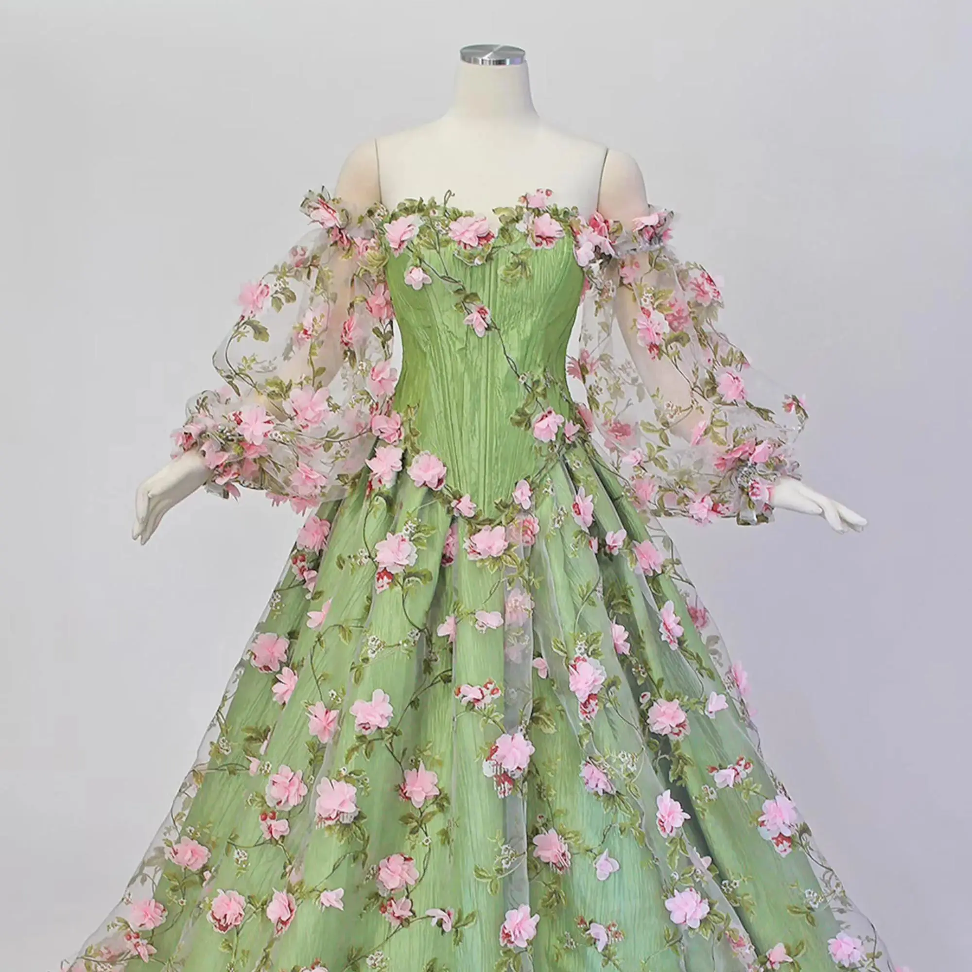 Vestido de fiesta de flores verdes en 3D, vestidos florales sin tirantes a la moda, vestido elegante hasta el suelo, vestido de fiesta de noche para mujer 2024