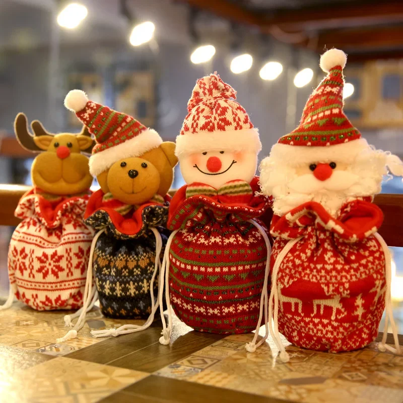 

1PC Christmas Candy Bags Cookies Packing Handbags Snowman Bear Storage Bags Drawstring Xmas Gift Decoration New Year Candy Pouch