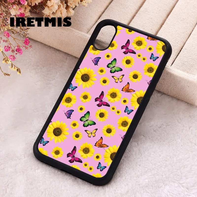 Iretmis Phone Cover Case For iPhone X XS Max XR 11 12 13 PRO MINI 14 15 16 Plus Rubber Yellow Sunflower Butterfly Pattern