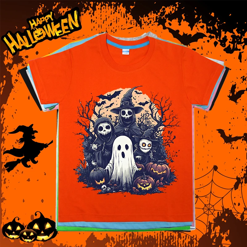 

Haunting Halloween Family with Ghosts and Pumpkins Kids Clothing Kids Cotton T-shirt Boys Girls Gift