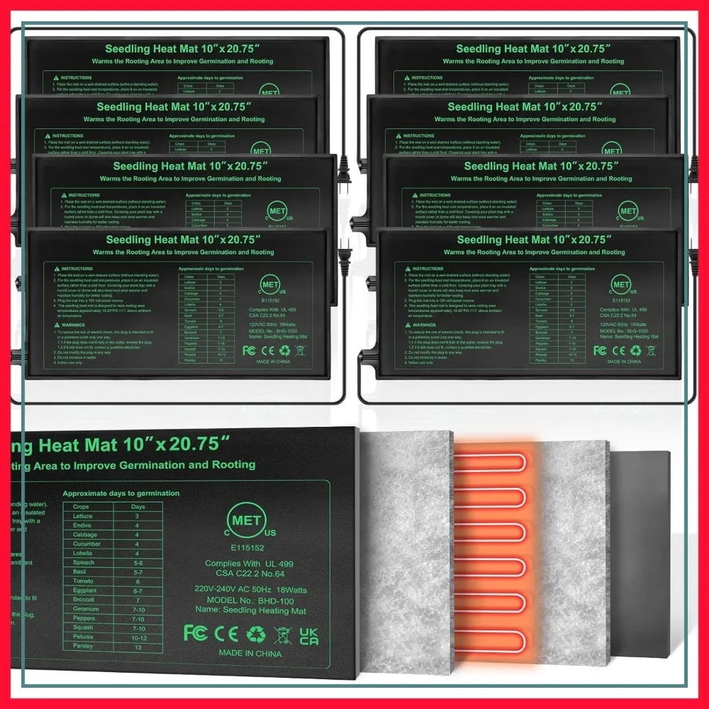 

Durable Seedling Heat Mat 10x20.75 inches 8 Pack, MET Certified for Germination, Hydroponic, Waterproof Greenhouse Heater