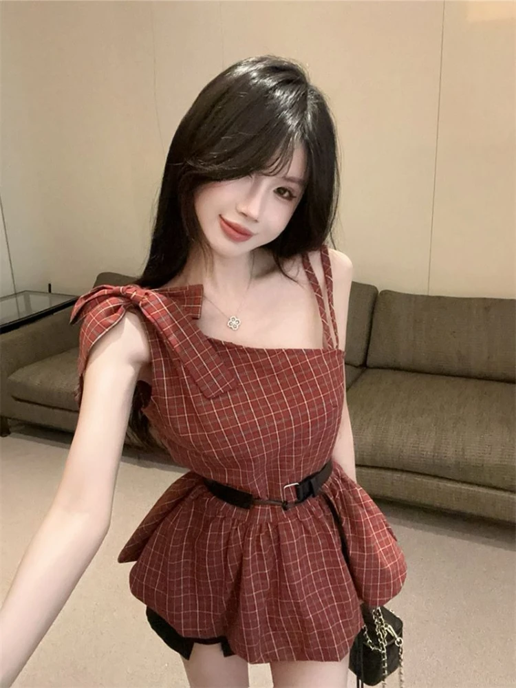 

Edgy Color Block Plaid Shoulderless Sleeveless Top Women Summer 2026 Waist Slimming Street Wear
