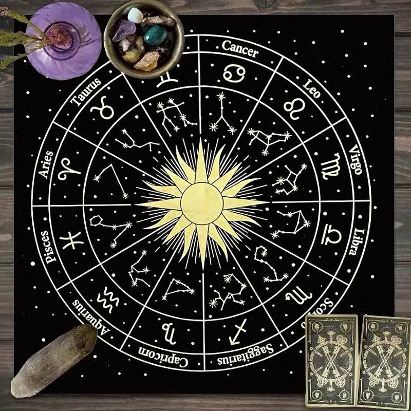 VIKAMA Black Gold Viking Rune Tarot Tablecloth Mysterious Divination Altar Cloth Ritual Table Mat Background Cloth