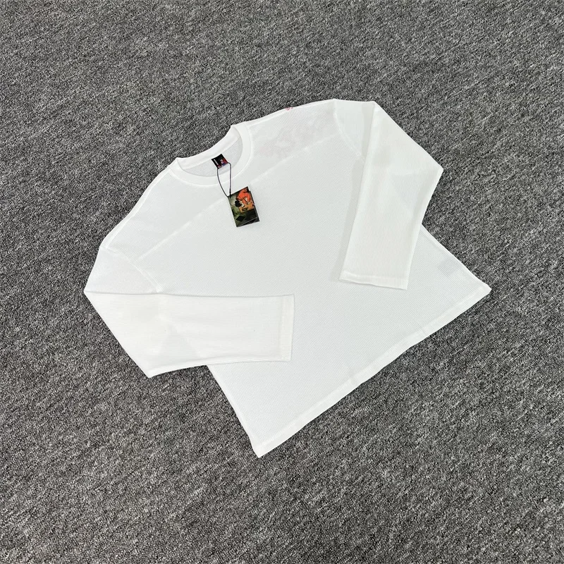 

White Derschutze Blossom Long Sleeved T-Shirts Men Women Embroidery Sakura Pure Cotton Waffle Breathe T-shirts