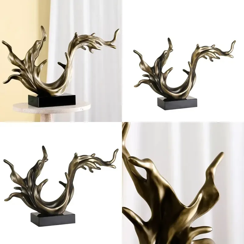 Antique Bronze Abstract Resin Sculpture Hand Carved Ornament Black Marble Base Irregular Shape Dining Table Decor