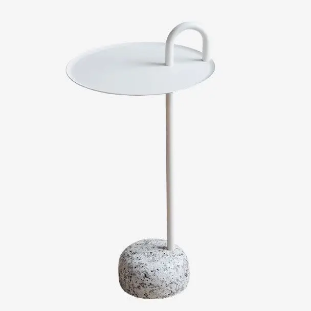 Modern Minimalist Round Side Table Red Metal Top Terrazzo Base Small End Table With Handle For Living Room Bedroom Sofa Side