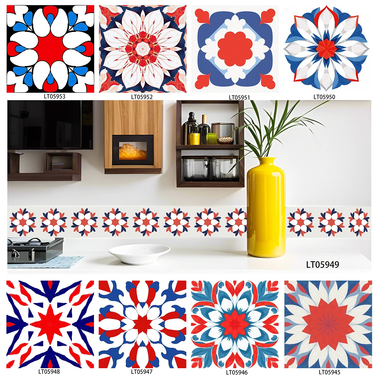 Red Blue Floral Tile Stickers Self Adhesive Waterproof Removable Wall Decals for Kitchen Cabinet Stair Riser Skirting Home Decor