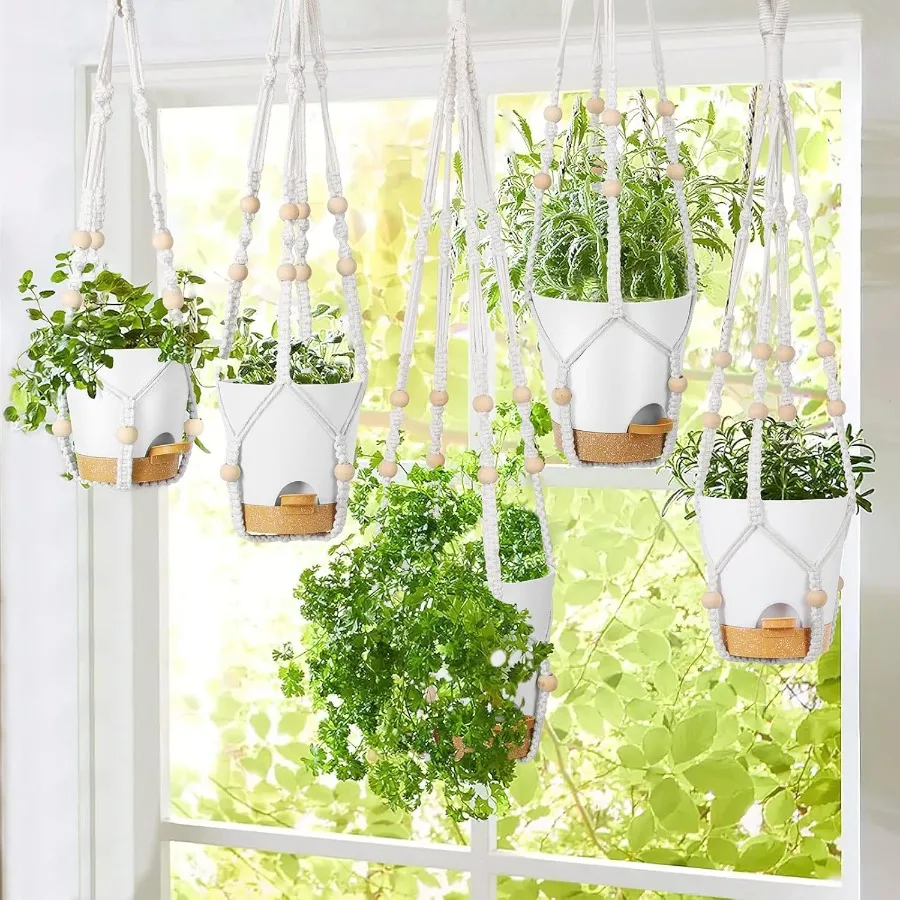 Plantadores suspensos para plantas de interior, conjunto de 5 peças com design macrame, 35 polegadas, 29 polegadas, 23 polegadas, cor marfim, recurso de rega automática
