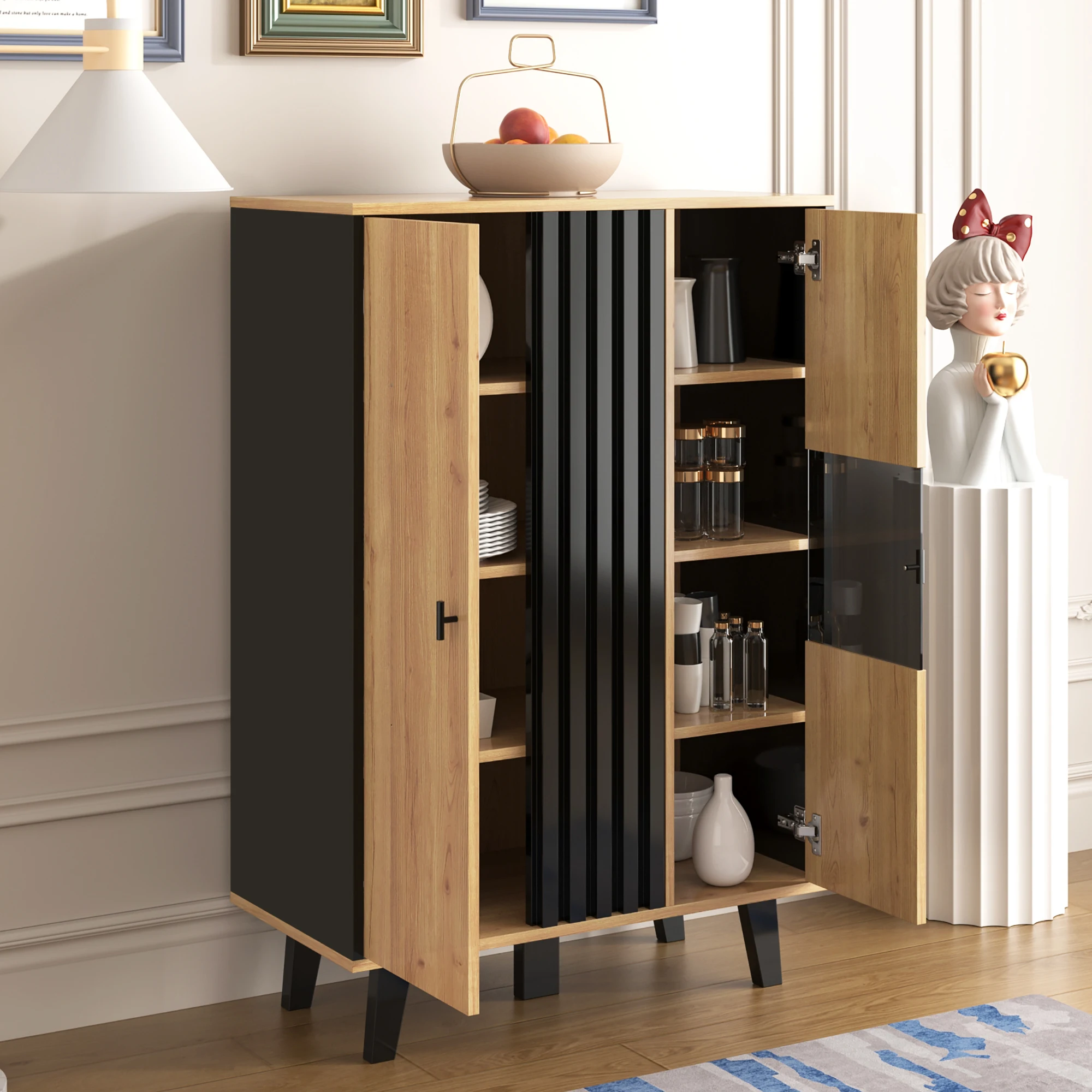 Buffet avec verre et éclairage LED, design moderne en noir et naturel