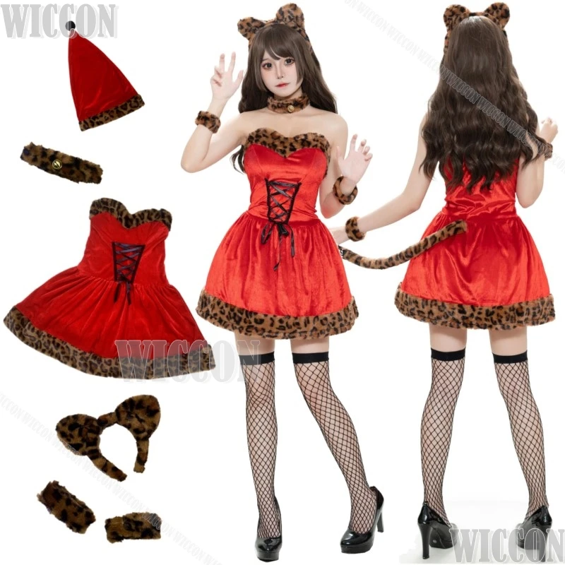 2024 Boże Narodzenie Leopard Print Sexy Red Dress Cosplay Costume Suit Hat Socks Furry Cute Women Girl Halloween Role Play Customized