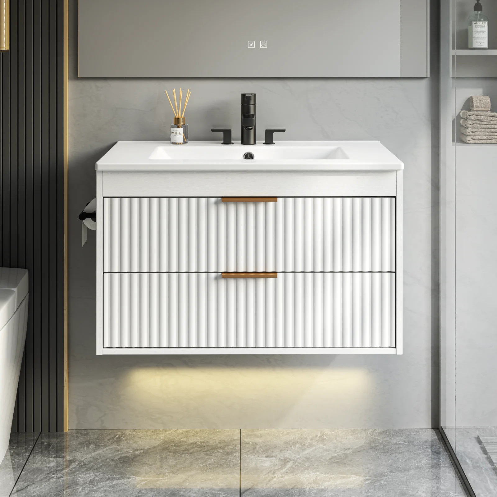 30' Floating Bathroom Vanity with Sink, Modern Wall Mounted Vanity Cabinet, 2 Drawers & Black Handles, for Bathroom/Laundry Room, White/Black