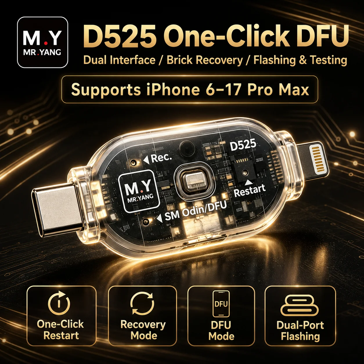 Mr.Yang D525 One Click DFU Recovery Dongle Dual Interface Flashing Restore Tool for iPhone 6 -17 Pro Max Bricked Phone Repair