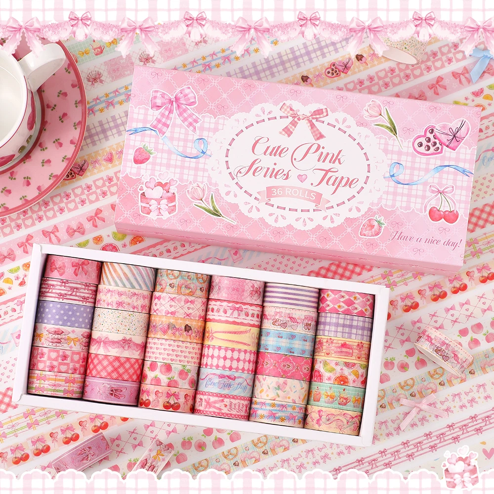 Kawaii Pink Washi Tape Set 36 Rolls Mixed Patterns with Butterfly Gingham Cherry Designs Decorative Craft Tapes for Scrapbooking