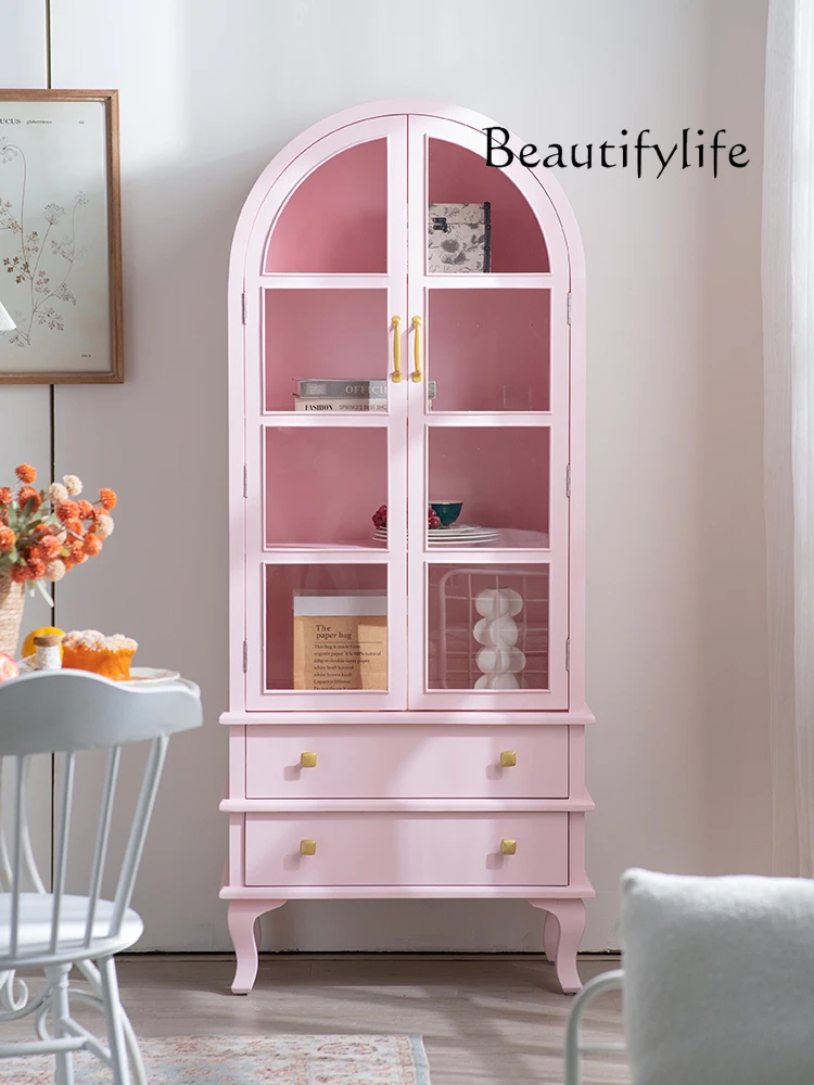 French Solid Wood Bookcase with Glass Door Pink Cream Wind Arch Home Wall Display Cabinet