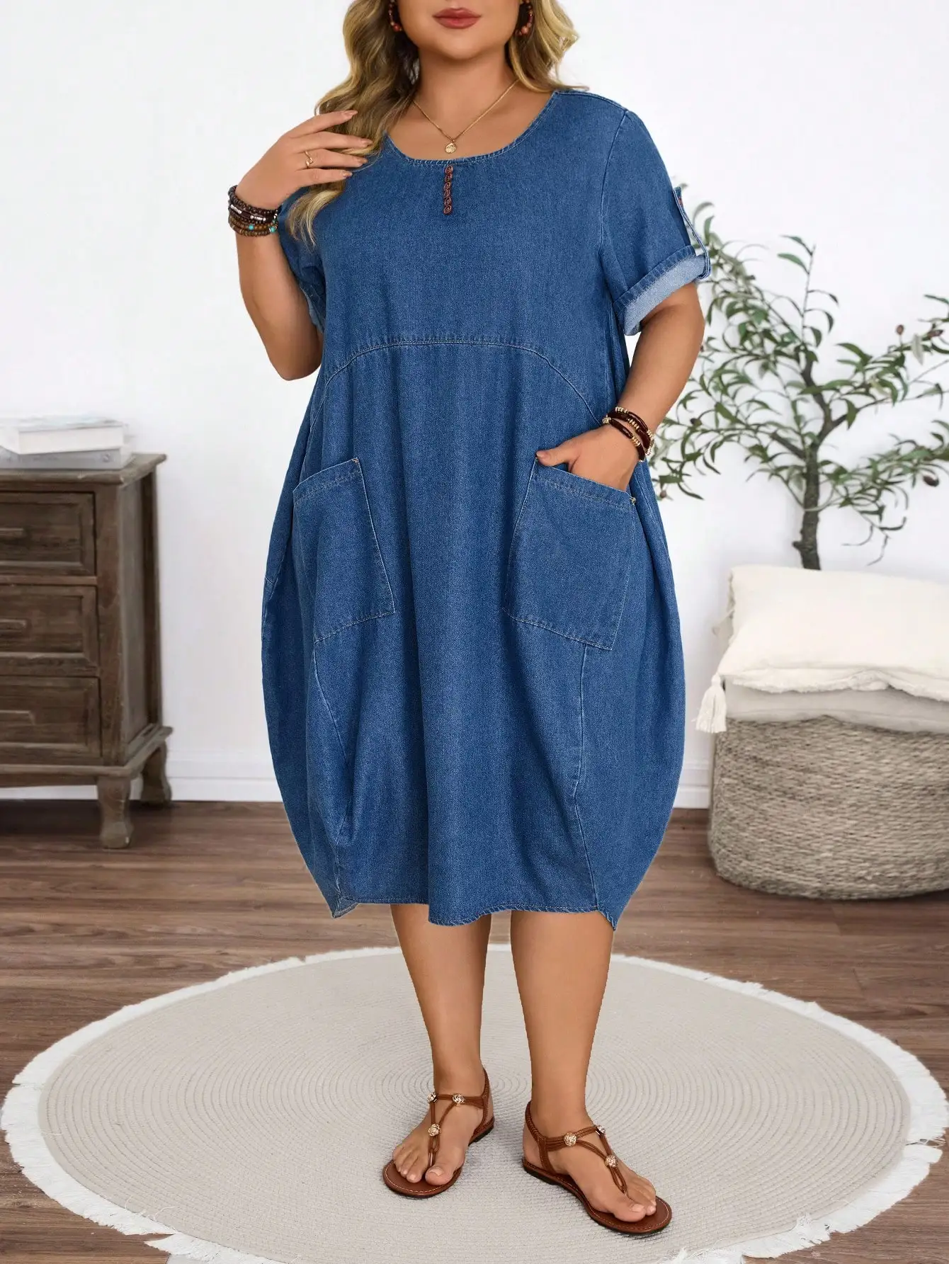 

Джинсовое платье больших размеров с карманами для женщин, летнее, повседневное, свободного кроя, А-силуэт