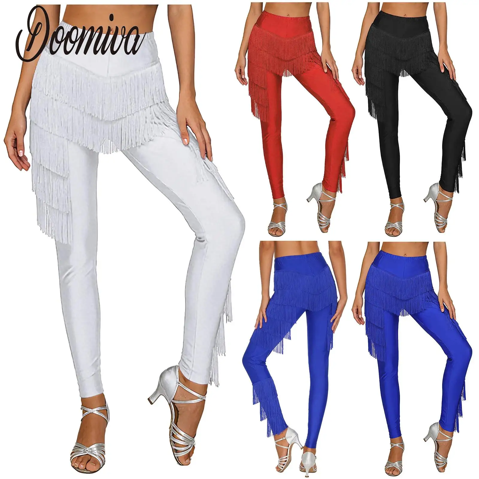 

Женские длинные брюки для латинских танцев румбы с бахромой, многоуровневые леггинсы с кисточками и эластичным поясом, брюки, леггинсы для танцев танго ча-ча