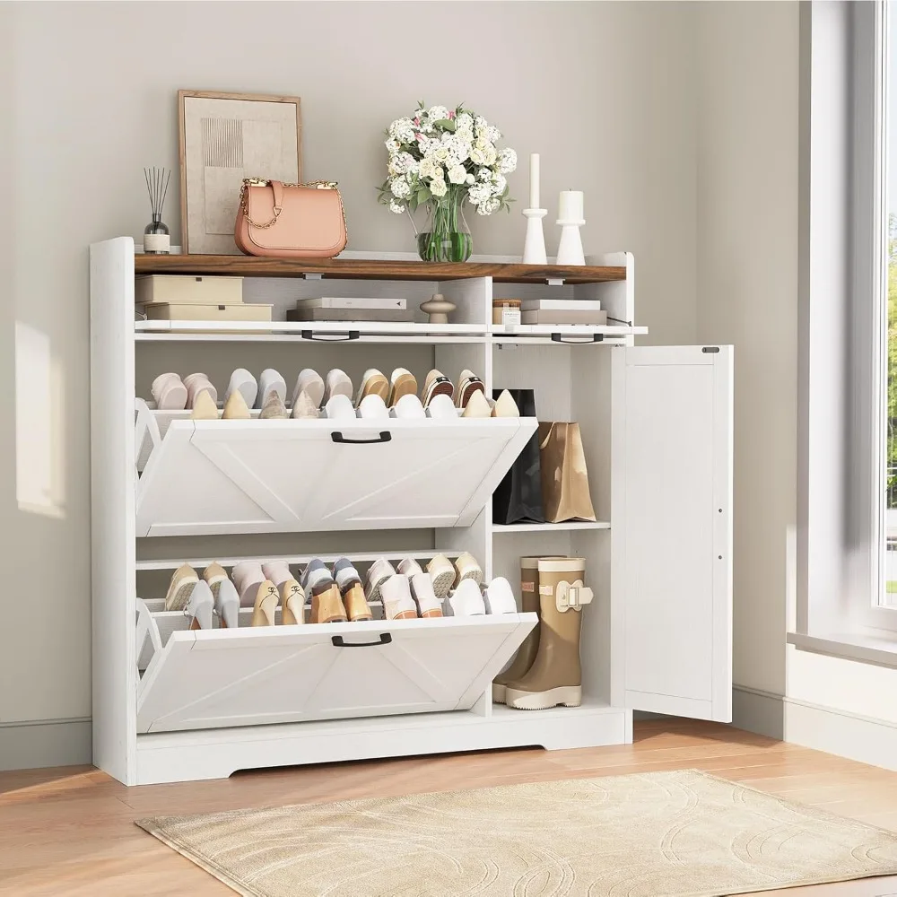 

Entryway Shoe Cabinet | 2 Flip Drawer Freestanding Organizer, Narrow Shoe Storage Cabinet