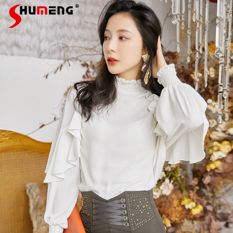 

2023 Early Autumn New High-End Bubble Sleeve Chiffon Shirt Women White Long-Sleeved Top Ladies Fashion Western Pullover Blouses