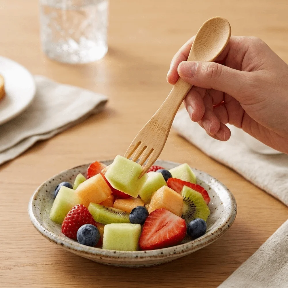 4Pcs Easy To Grip Bamboos Spork Lightweight Practical Tableware Smooth Polished Fork Spoon Combo Daily Dining