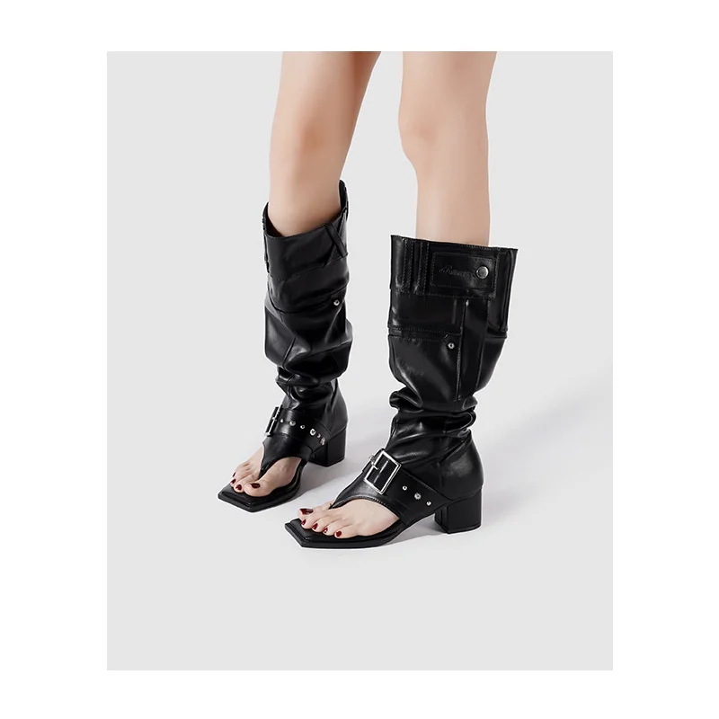 Fashion Retro Rivet Metal Decoration Square Toe Pleated Knee High Women Boots High Heels Slip on Western Sexy Sandals Shoes #1