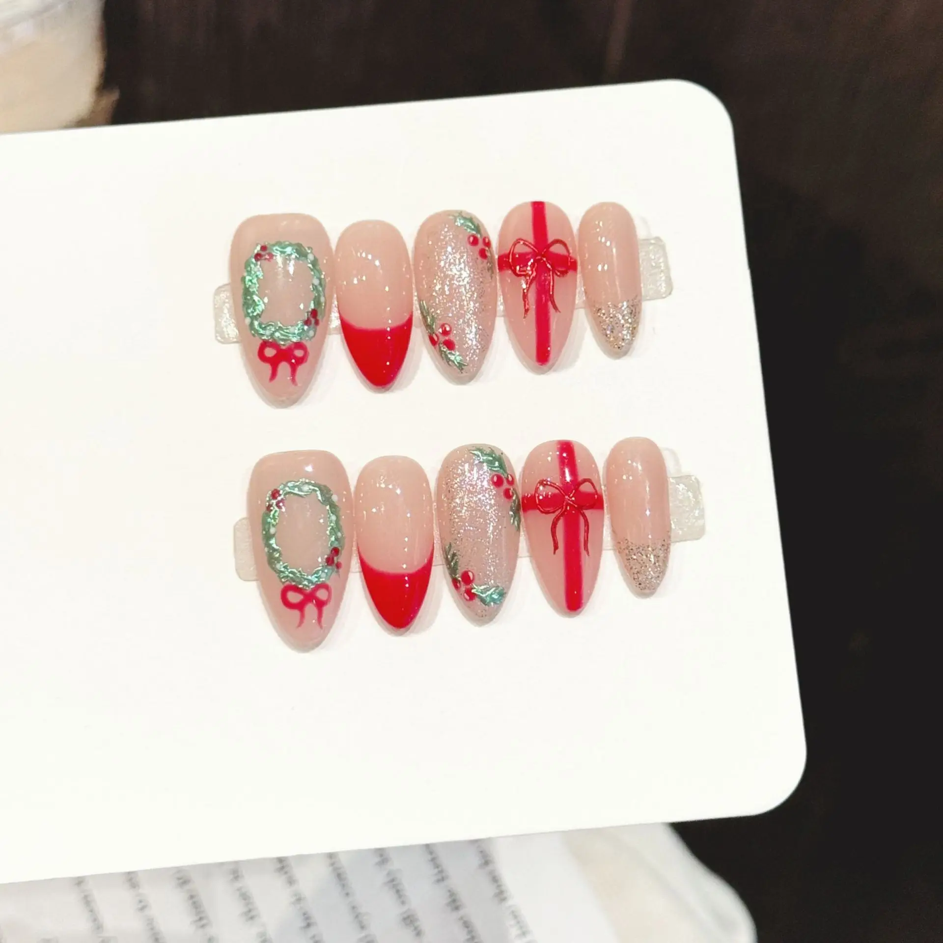 

10pcs Handmade Almond Shape Press On Nails Christmas Wreath Designs Fake Nails Wearable False Nails Sweet Red French Nail Art