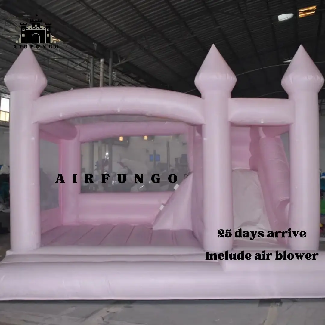 Castelo Bouncy inflável personalizado para crianças, cor pastel, casa branca, fosso de bolas e corrediça, moderno, 13x13x11ft