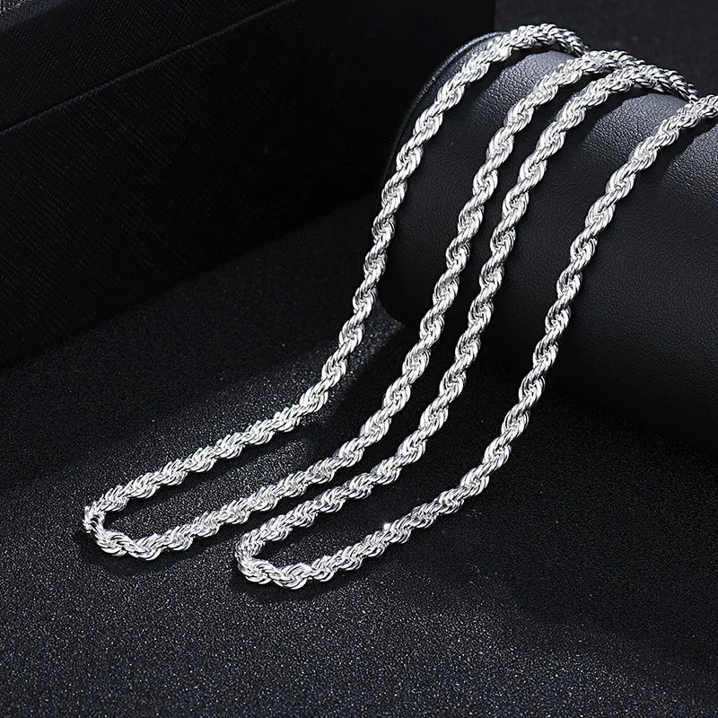 New 925 Sterling Silver 4MM Women Men chain Male Twisted Rope Necklace Fashion Silver Jewelry