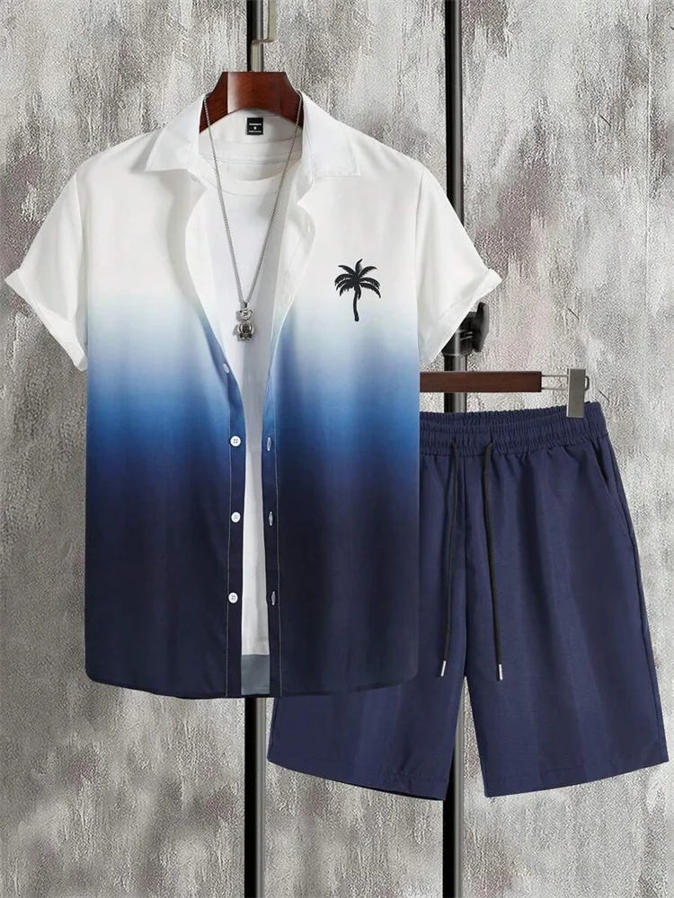 2-piece Summer Men\'s Short-sleeved Shirt And Beach Shorts Set Outdoor Street Men\'s Fashionable Shirt Beach Men\'s Casual Shorts