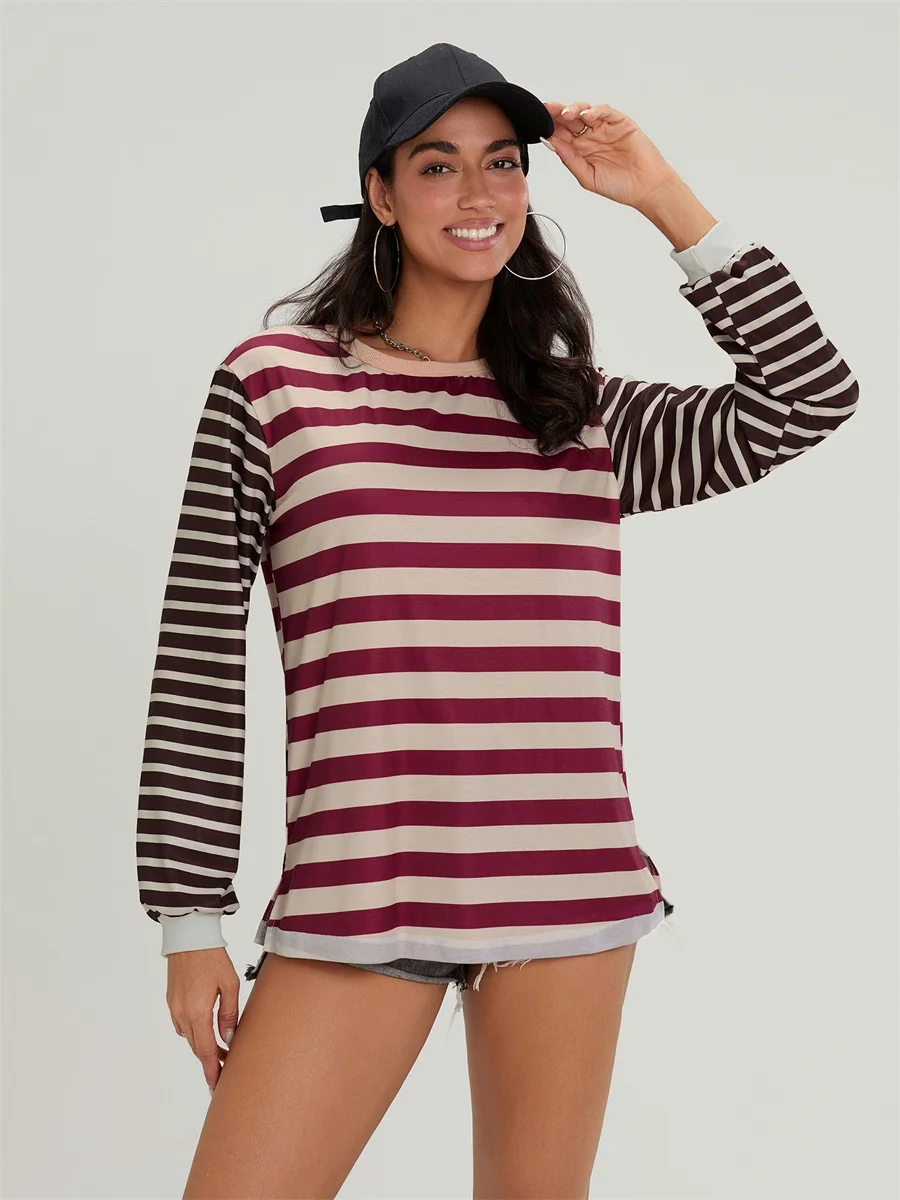 Minister z nadrukiem w paski - Rękaw Okrągły dekolt Kontrastowy kolor Emanating T-Shirty Wiosna Jesień Zestaw dzikich długich rękawów