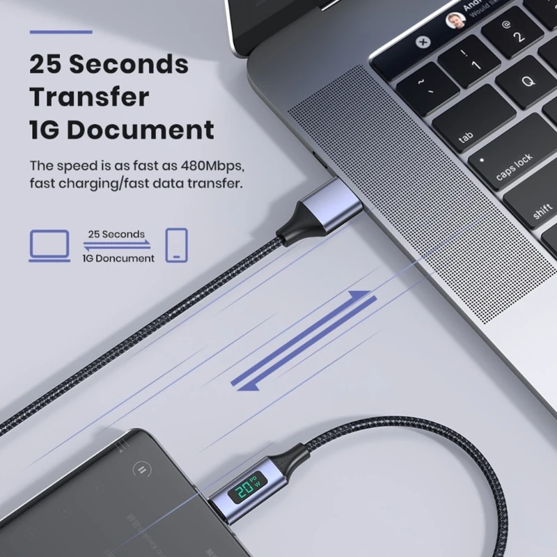 كابل USB C ، 3.0A PD 20 واط LCD عرض الطاقة نوع-C شحن سريع 480Mbps سلك البيانات