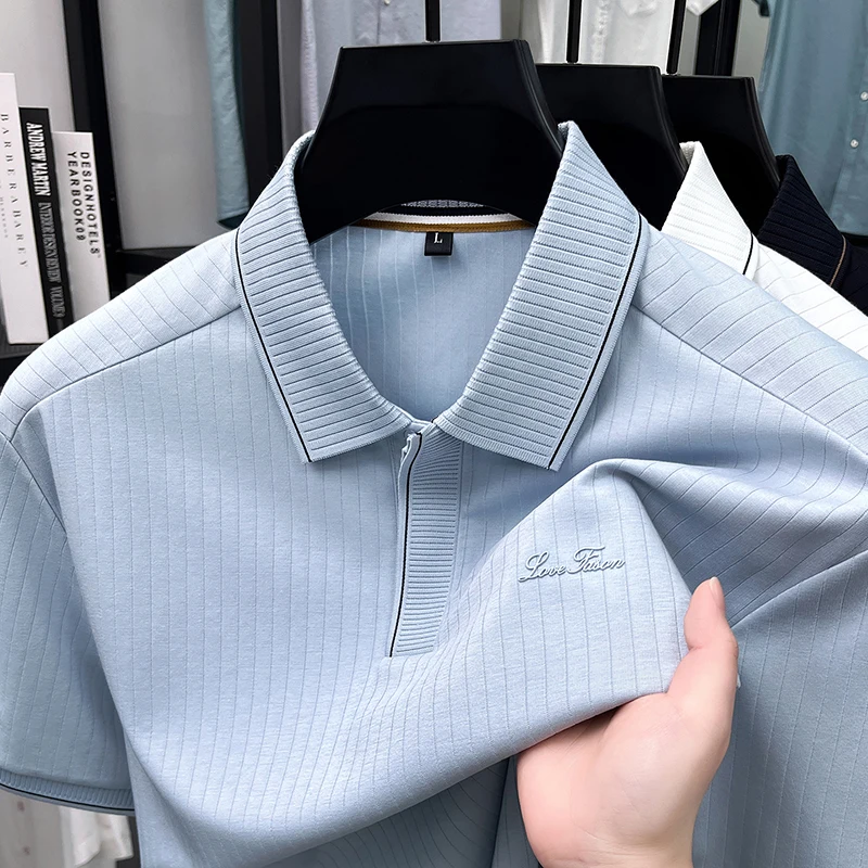 Fashion personality striped short sleeve polo shirt men's high-end brand letter embossed summer casual new solid color T-shirt