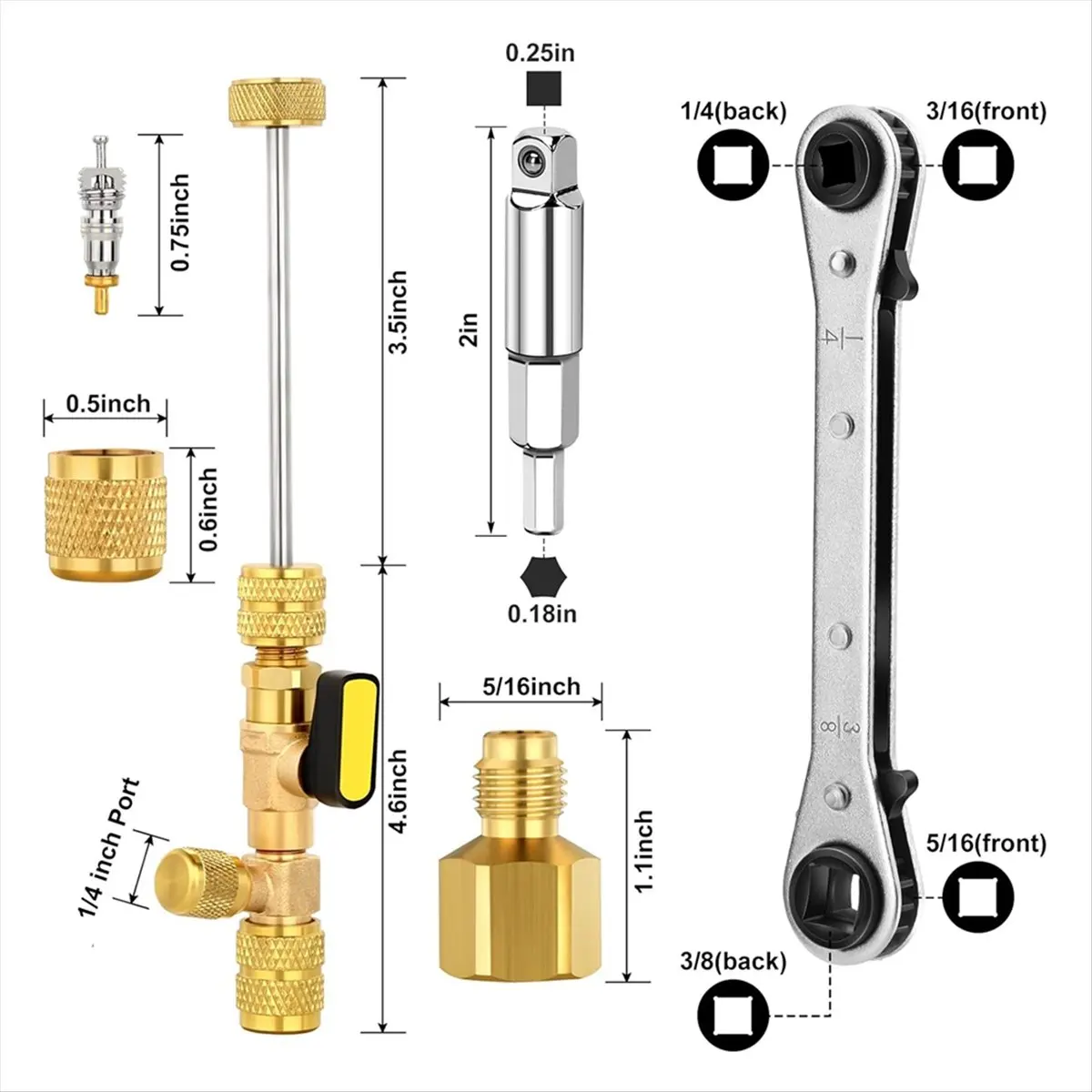DT56 Valve Core Remover Tool and HVAC Service Wrench Set with Hex Bit Adapter,Size SAE 1/4 & 5/16 Port,10 PCS Valve Cores Et