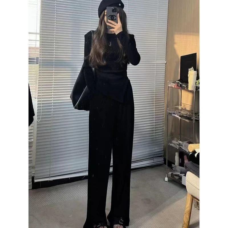 Korean casual waist collection popular autumn/winter set irregular top wrinkled straight tube T-shirt floor mop two-piece set