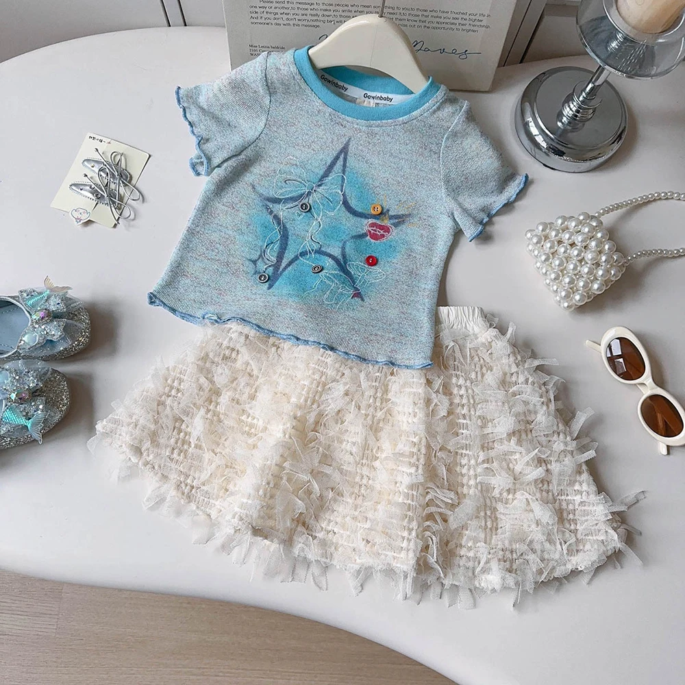 Summer Kids Girls T-shirt Skirts Outfit Stars Print Ruffled Trim T-Shirts+Fringe Tassel Tulle Skirt 2Pcs Children Clothes Set