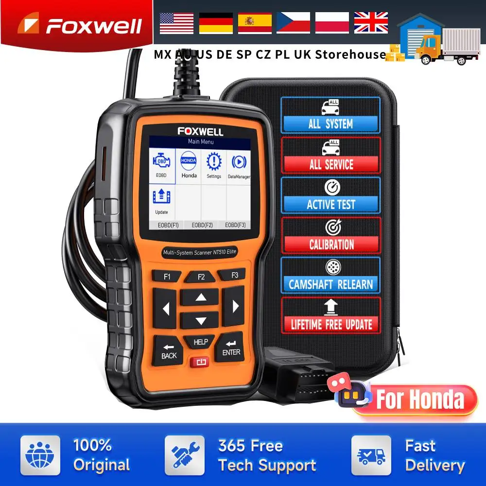 

FOXWELL NT510 Elite подходит для Honda Acura полная система OBD2 сканер диагностический инструмент двунаправленный считыватель кодов сброс масла EPB