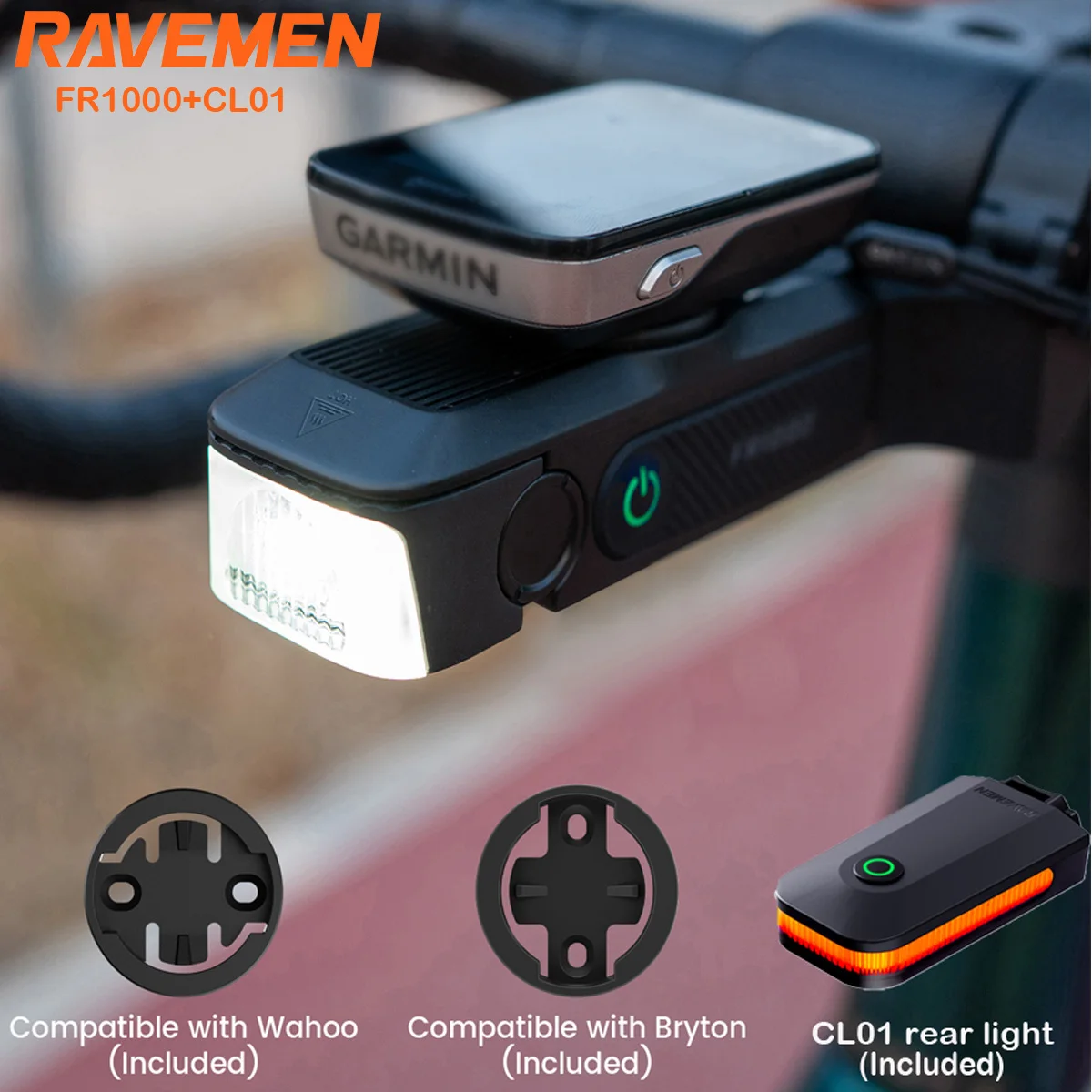 

RAVEMEN Bike Light Kit FR1000 Headlight For Garmin Wahoo Bryton GPS CL01 Taillight Rechargeable Bicycle Front Rear Lights Set