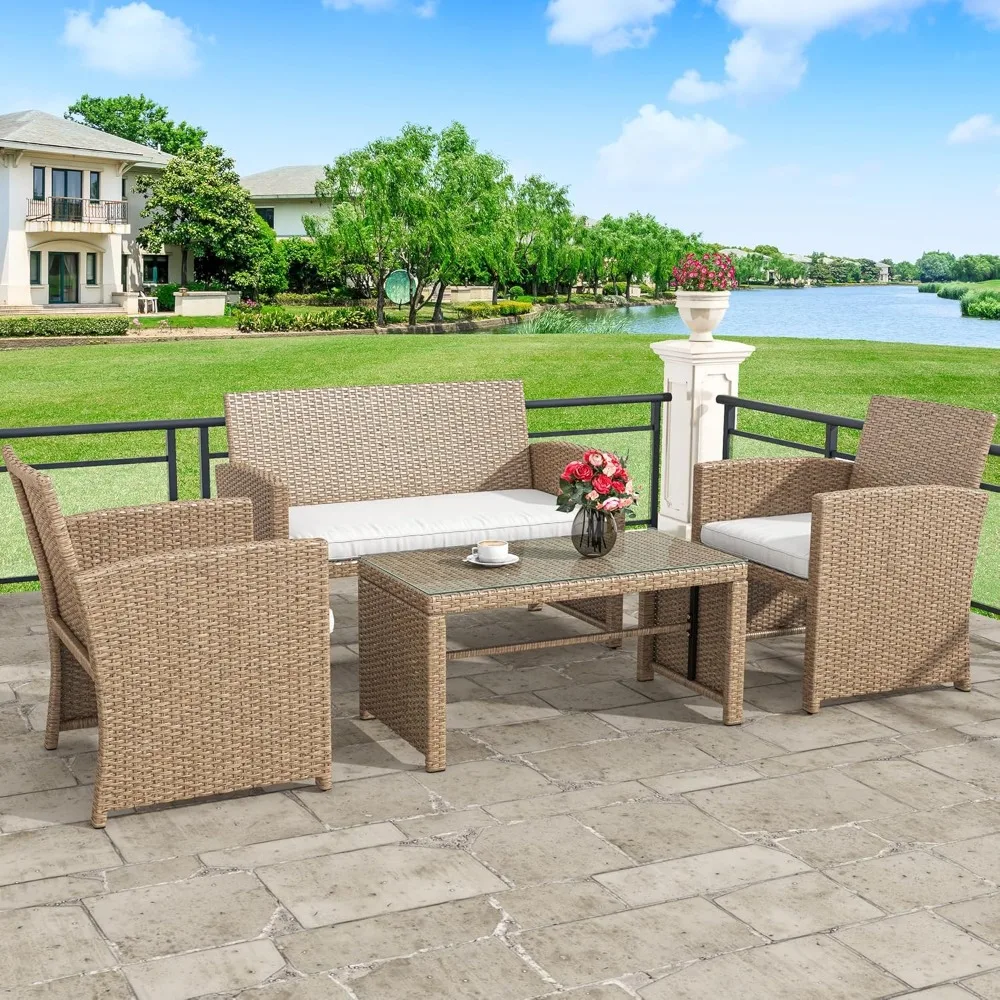 4-Piece Patio Bistro Set, All-Weather Outdoor Patio Furniture Rattan Wicker Loveseat Conversation Set with Glass Side Table Soft