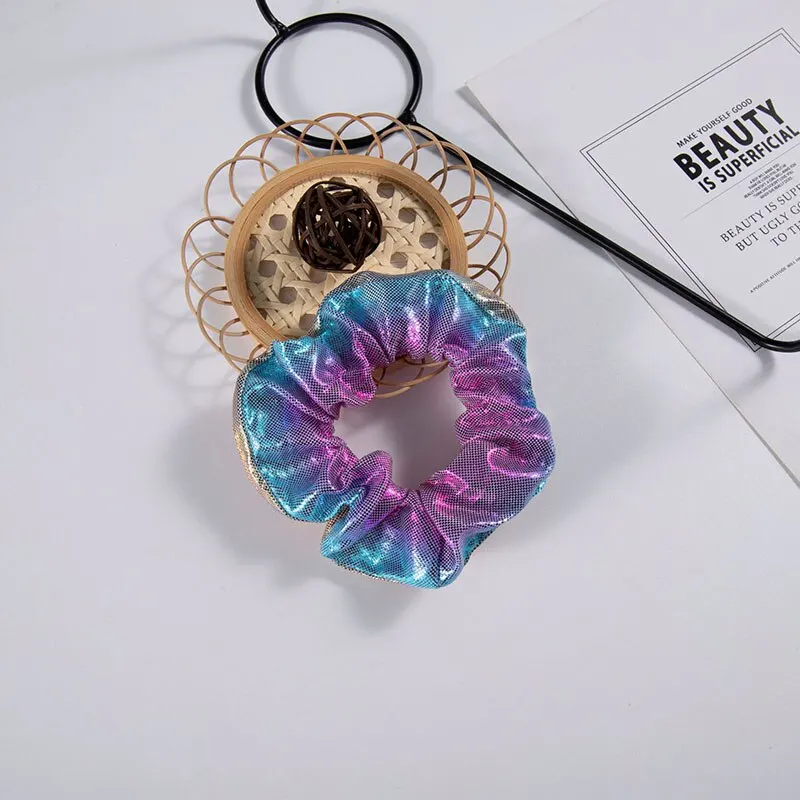 10 Pcs Set of Laser Fabric Hair Rings With Gold Stamping and Dual Color Gradient Pig Large Intestine Ring Flower Heads