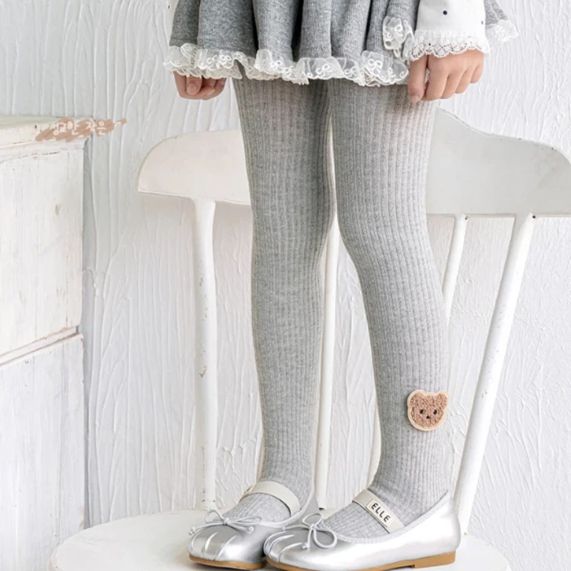 Cute Little Girls Spring Autumn Pantyhose Adorable Cartoon Plush Bear Head Decor Comfort Soft Skin-Friendly High Stretch Tights