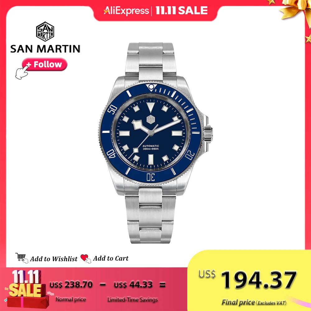 

San Martin 40mm Men Diver Watch Automatic Mechanical NH35 Movement High Quality Stainless Steel Sapphire Crystal 300Bar SN0111